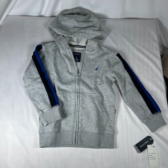 Boys Size 5 Medium Nautica Hoodie Sweatshirt Gray Blue Striped Full Zip Warm NWT - Picture 1 of 11